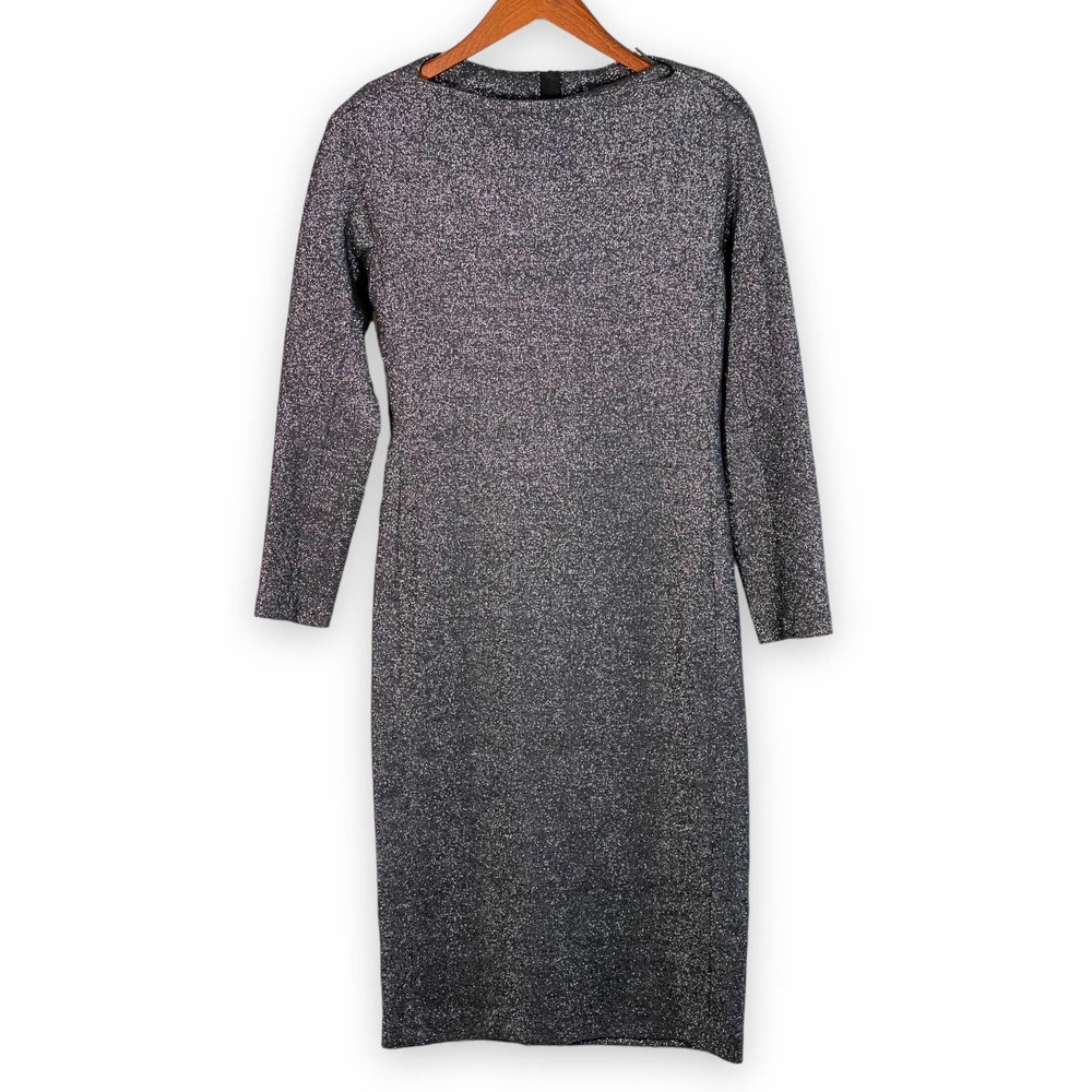 Zara Woman Studio Dark Grey Metallic Thread Long Sleeve Dress Women's Size M